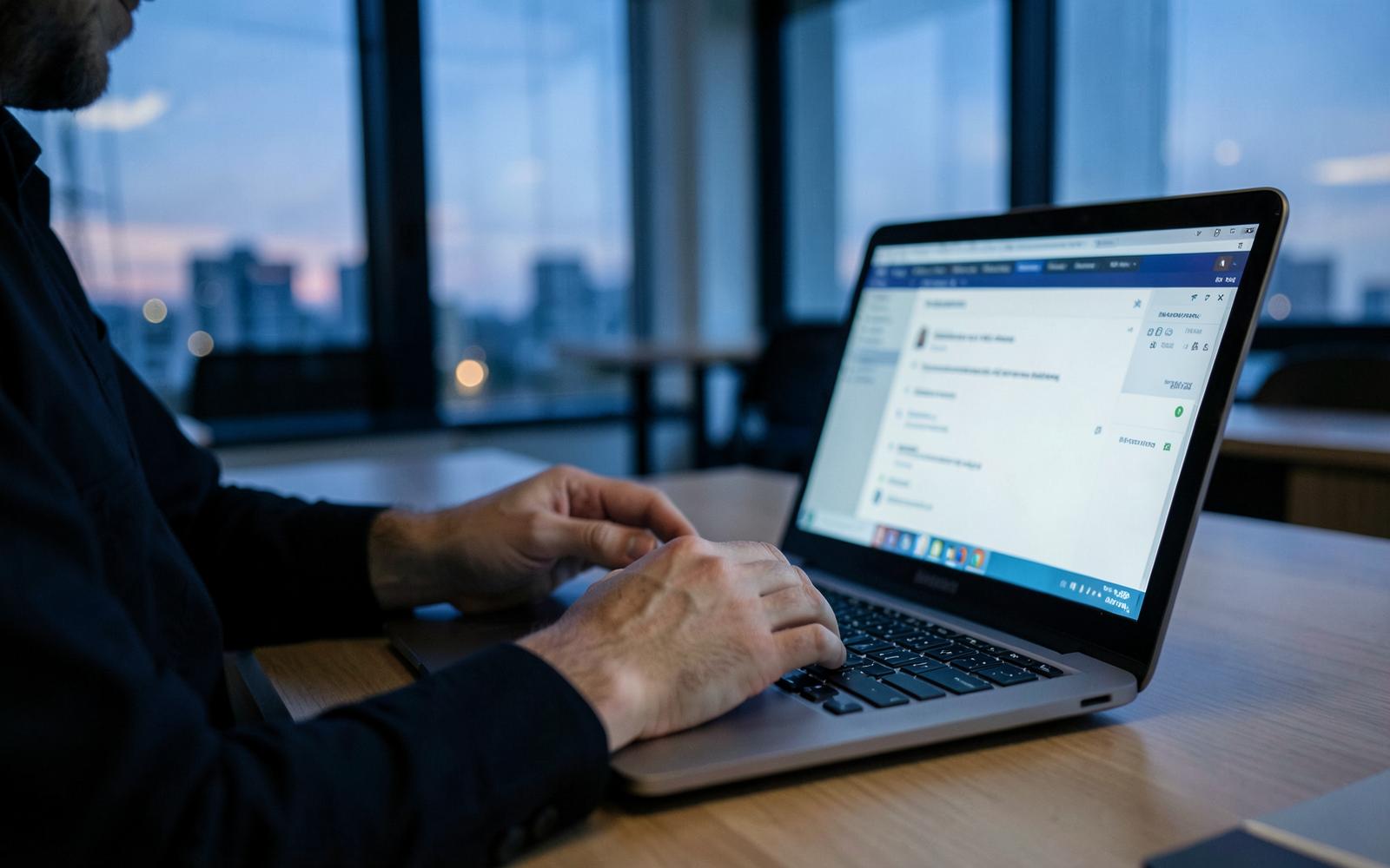 Specialist care verifică configurația de conformitate pe laptop