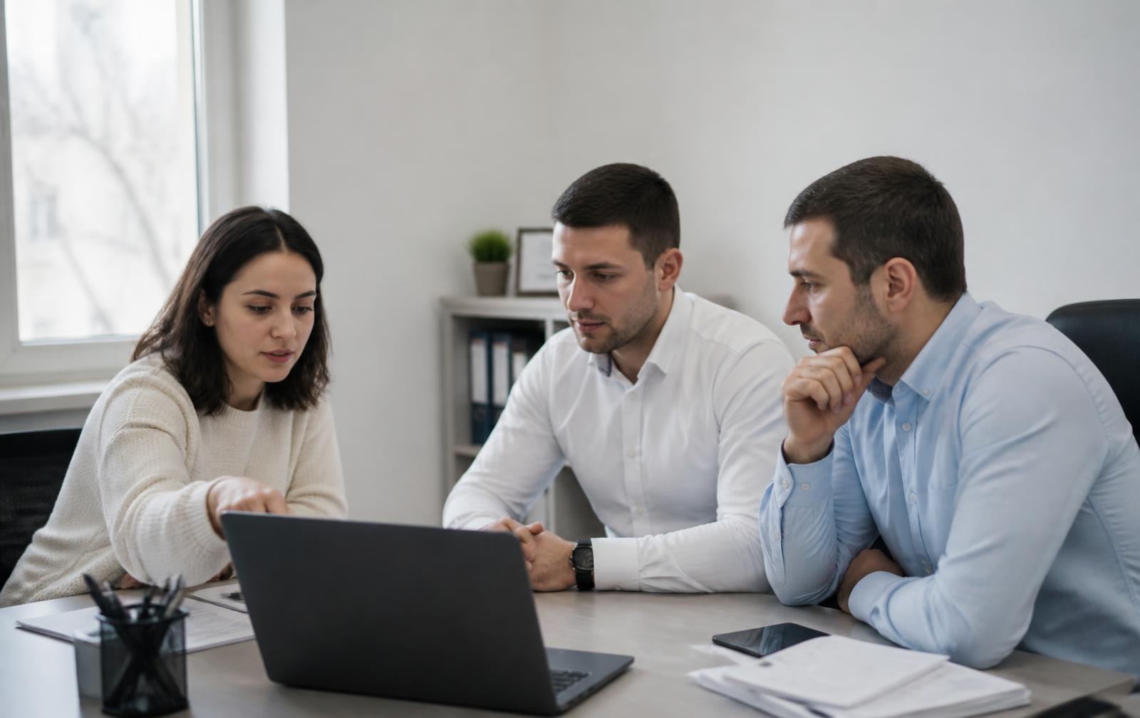 Echipă discutând proiectul de conformitate la o masă de lucru